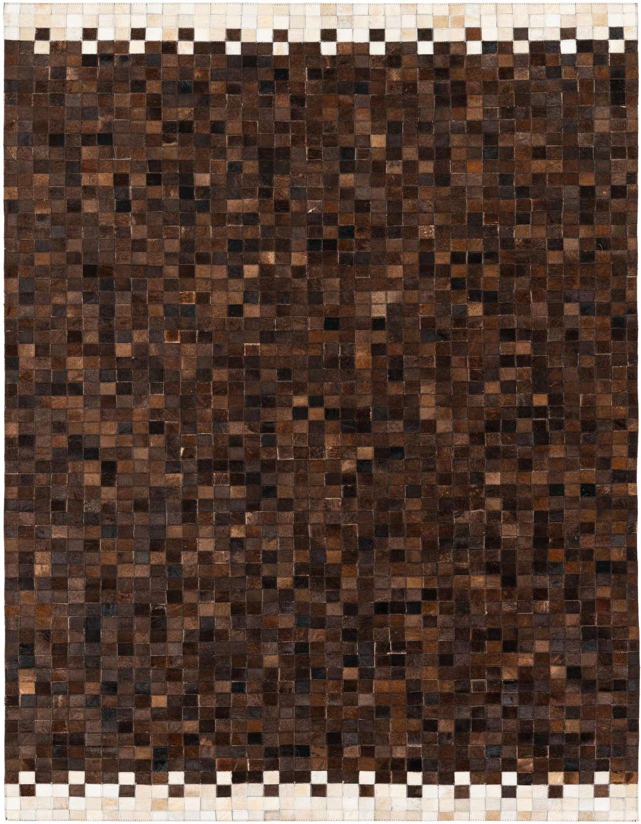 A 5x8 rectangular modern rug made from brown and tan cowhide and leather squares, featuring a checkered border.