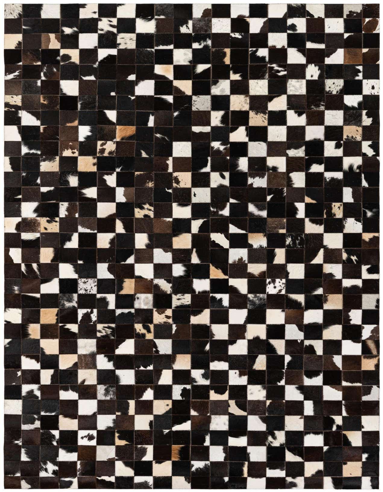 A rectangular 5x8 modern cowhide rug featuring a checkerboard pattern of brown, tan, and white patches.