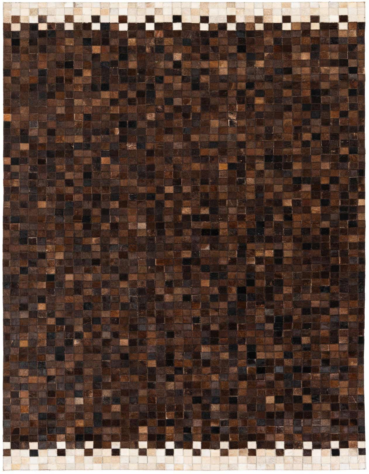 A 5x8 rectangular Cowhide Stocks rug featuring a modern mosaic pattern of various brown and tan cowhide squares, with a border of lighter squares.