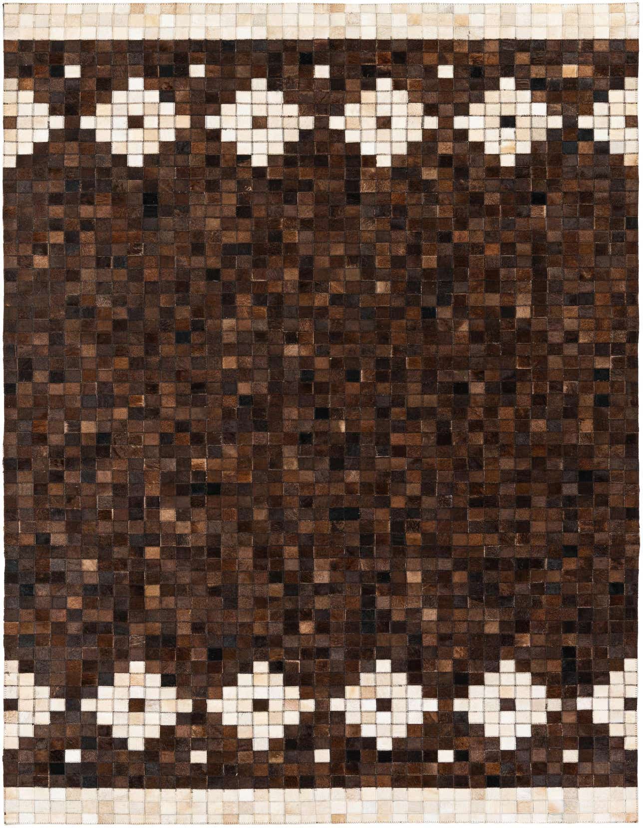 A 5x8 rectangular Cowhide Stocks rug featuring a geometric pattern of brown and tan squares, with lighter diamond shapes bordering the top and bottom edges.