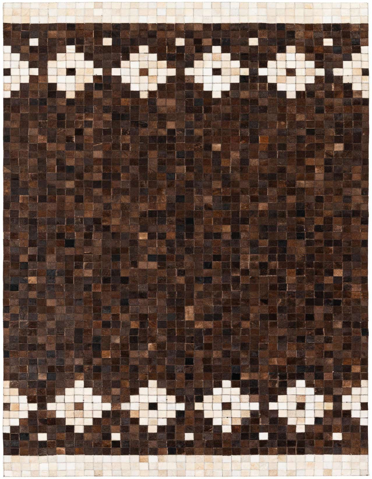 A rectangular 5x8 modern cowhide rug with a mosaic of brown and tan squares, featuring white diamond patterns at both ends.