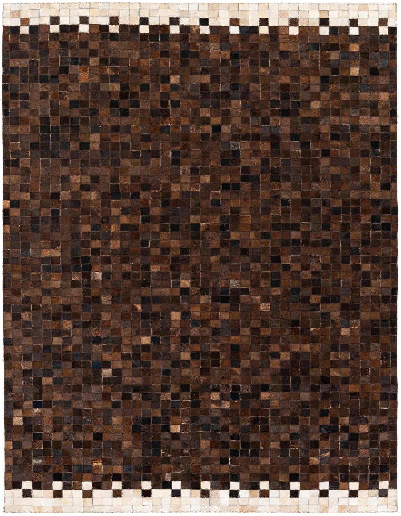 A 5x8 rectangular brown cowhide rug with a modern patchwork design and a white and black checkered border.