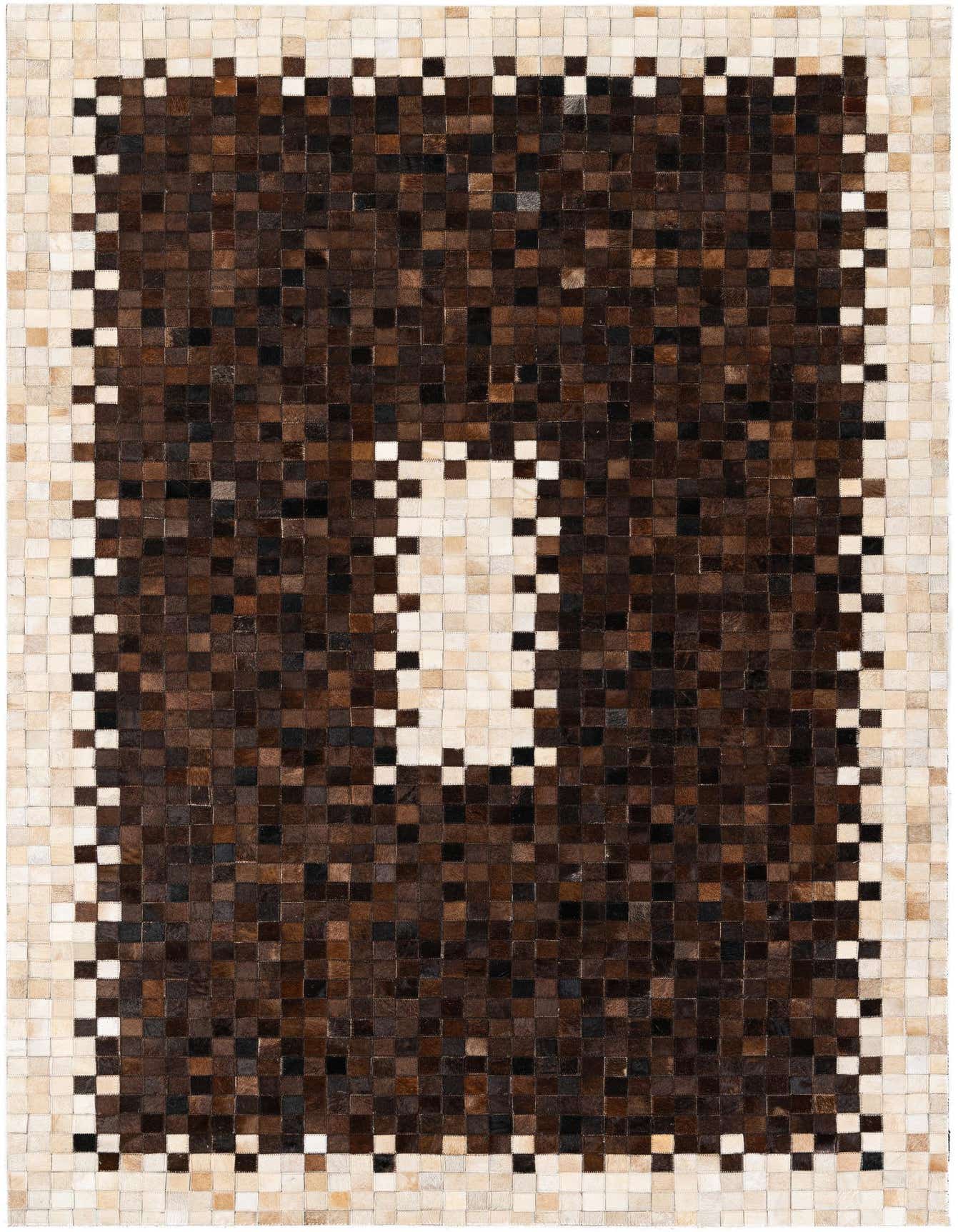 A 5x8 rectangular Cowhide Stocks rug featuring a patchwork geometric pattern of brown and tan squares, ideal for a living room.