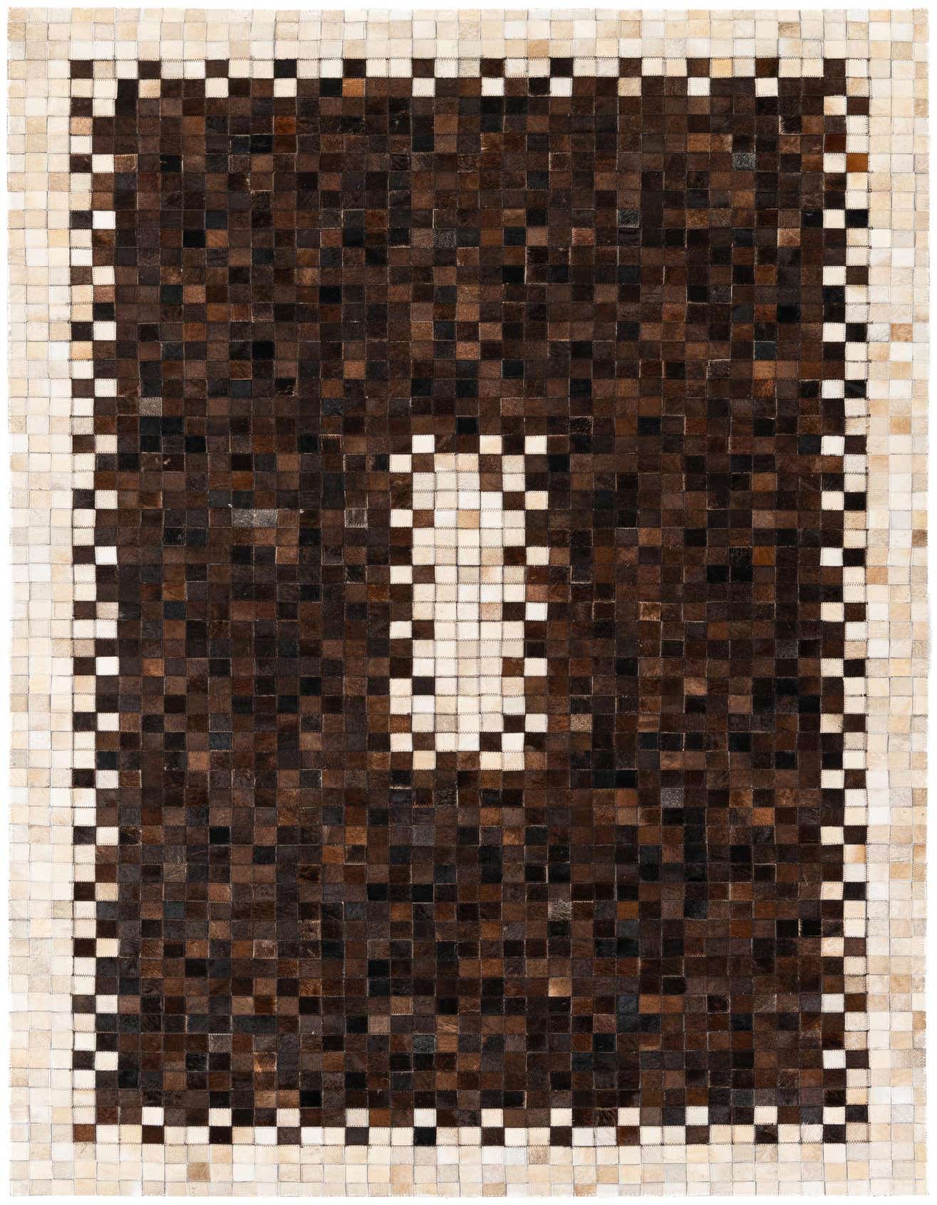 A rectangular 5x8 brown and tan modern cowhide rug with a checkered border and central white pattern.