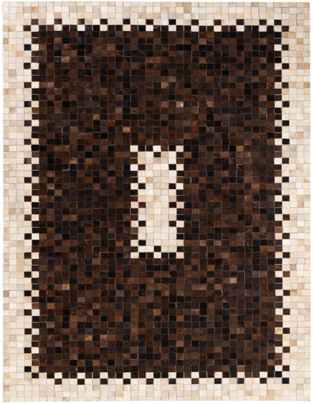 A 5x8 rectangular Cowhide Stocks rug featuring a modern mosaic pattern of brown and tan cowhide squares, with a lighter tan border.