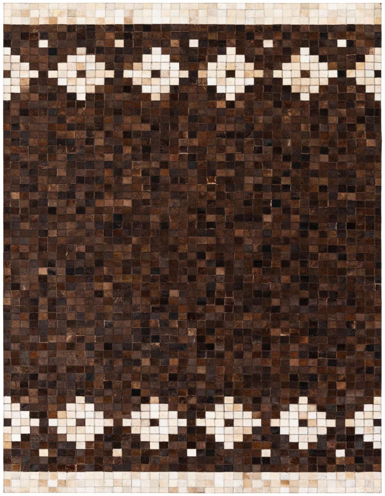 A rectangular 5x8 brown and tan cowhide rug with a modern geometric pattern, ideal for a living room.