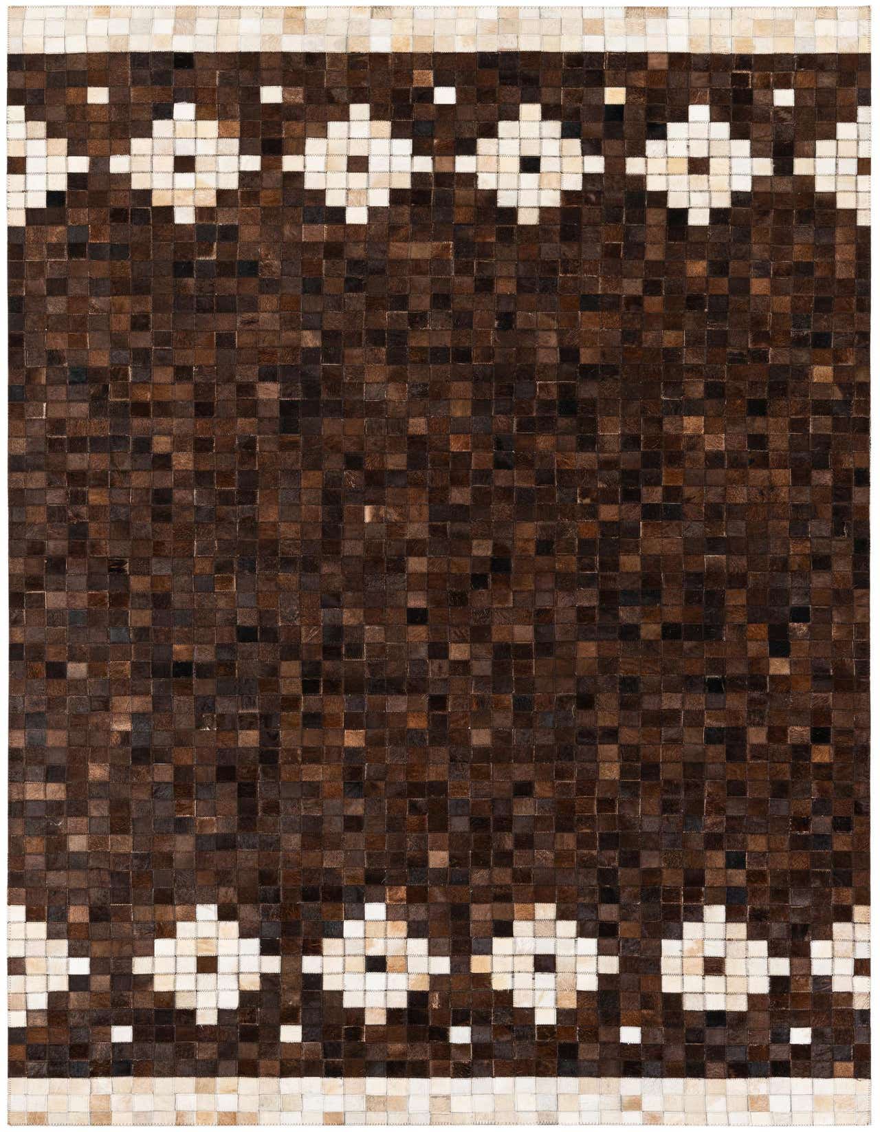 A 5x8 rectangular Cowhide Stocks rug by Rugs.com with a modern mosaic pattern in varying shades of brown and tan, featuring a distinctive light border with geometric diamond shapes.
