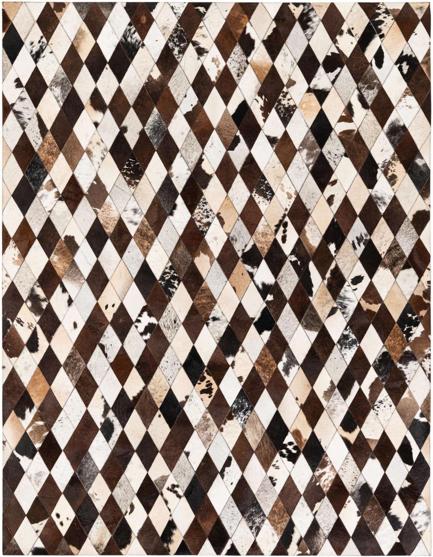 A 5x8 rectangular Cowhide Stocks rug featuring a modern diamond pattern in various shades of brown, tan, and white cowhide patches.