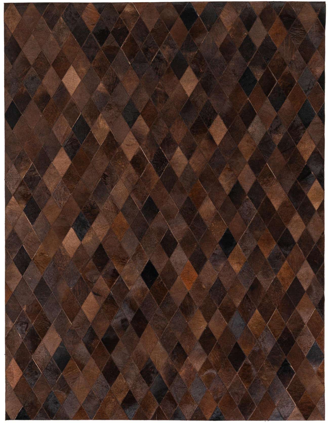A 5x8 rectangular Cowhide Stocks rug by Rugs.com, featuring a modern diamond pattern in various shades of brown and tan, suitable for a living room.