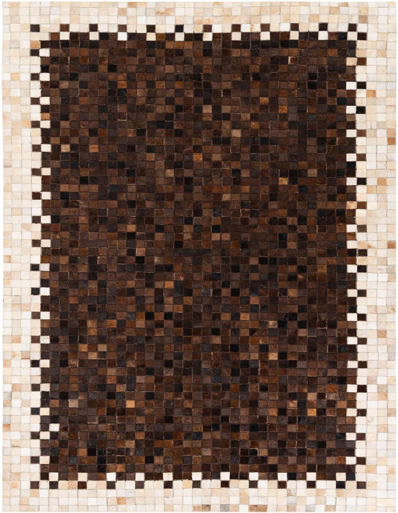A 5x8 rectangular Cowhide Stocks rug featuring a modern mosaic pattern of brown and tan squares with a checkered border.
