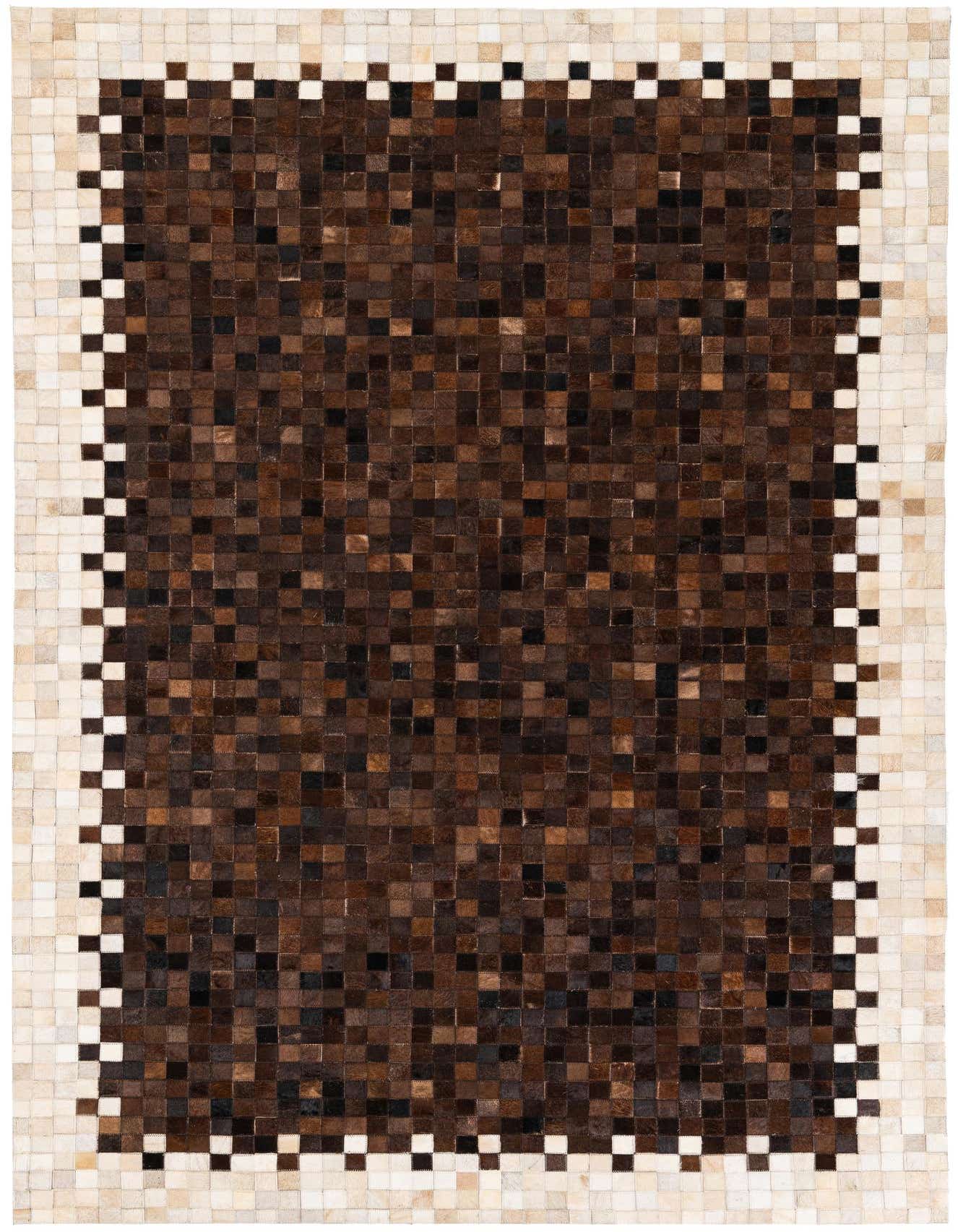 A 5x8 rectangular Cowhide Stocks rug featuring a modern pattern of brown and tan square patches with a checkered border.