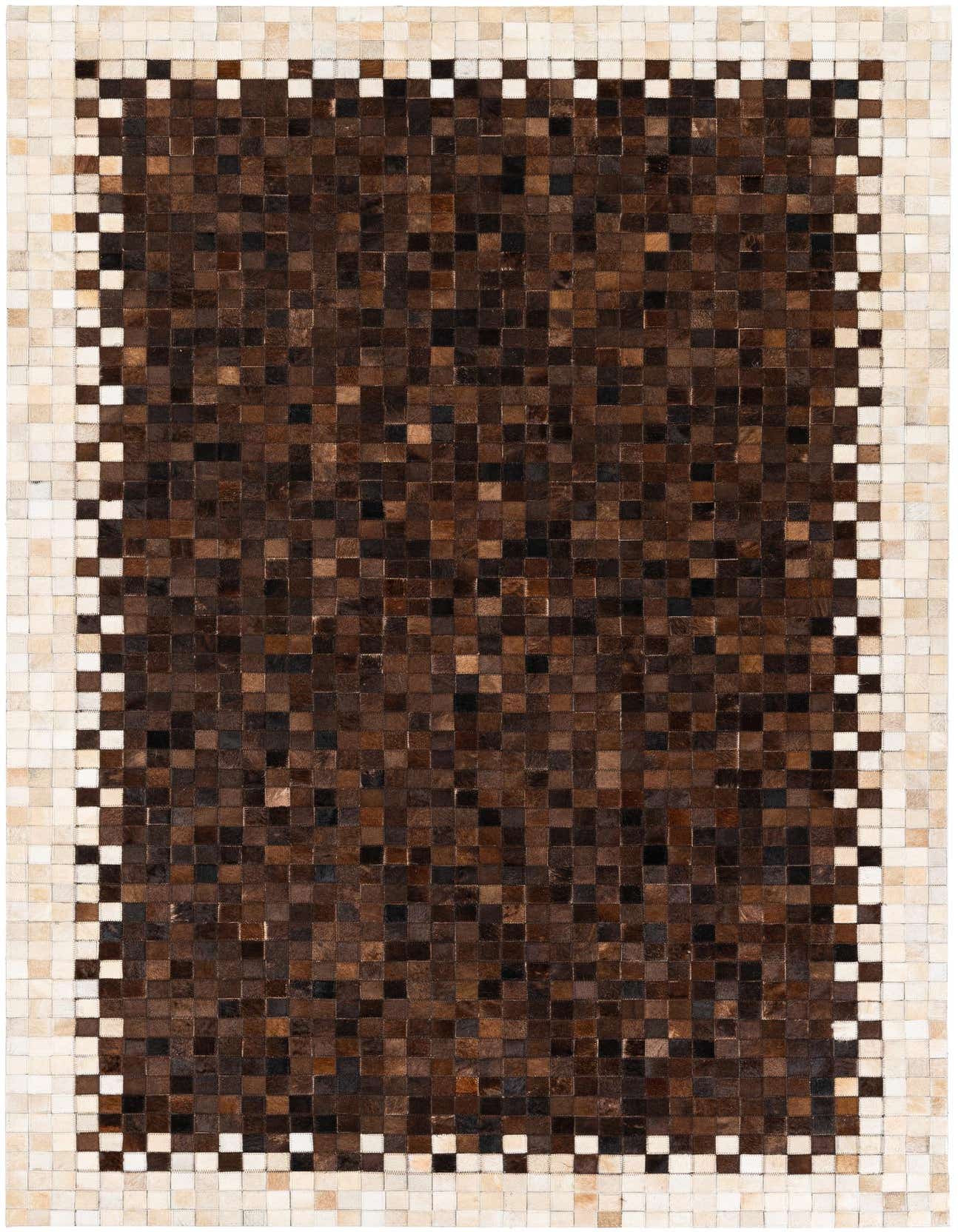 A rectangular 5x8 modern cowhide rug featuring a central field of dark brown patchwork squares bordered by lighter tan and white squares.