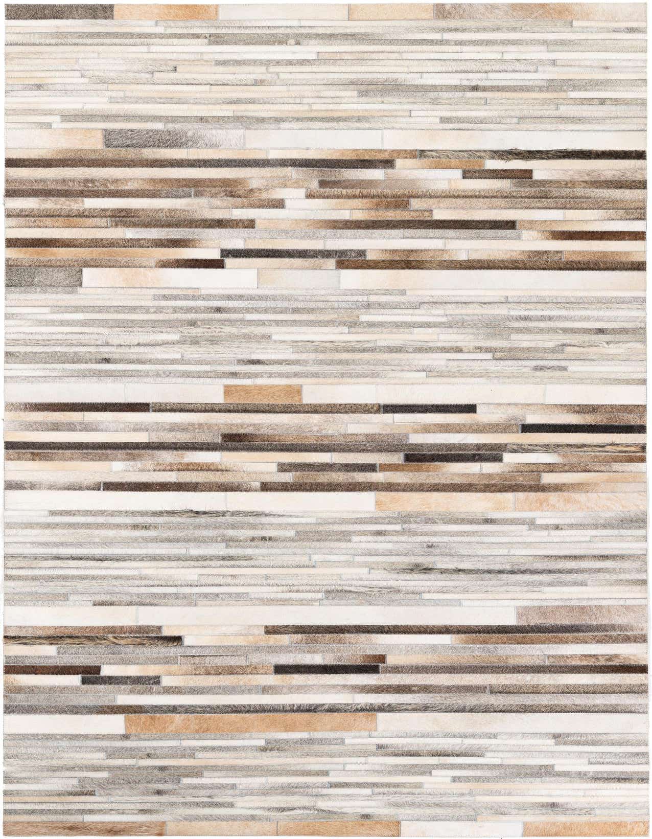 A rectangular 5x8 Cowhide Stocks rug featuring a patchwork of brown, tan, and cream cowhide strips.