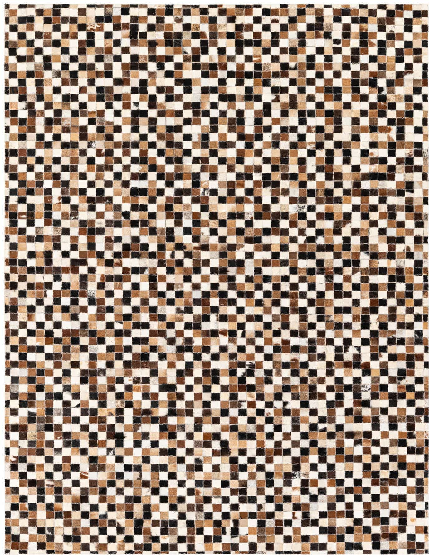 A 5x8 rectangular Cowhide Stocks rug from Rugs.com, featuring a modern checkerboard pattern in various shades of brown, tan, and black, suitable for a living room.
