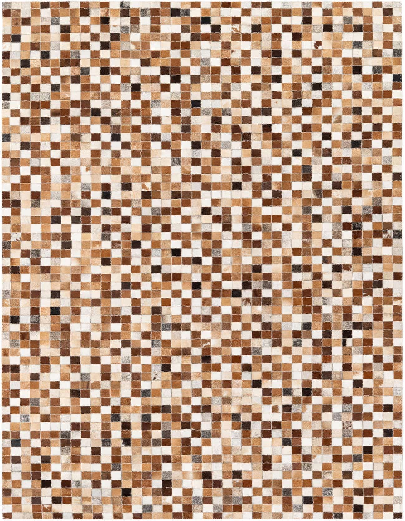 A rectangular 5x8 patchwork cowhide rug with a geometric pattern in various shades of brown, tan, and cream.