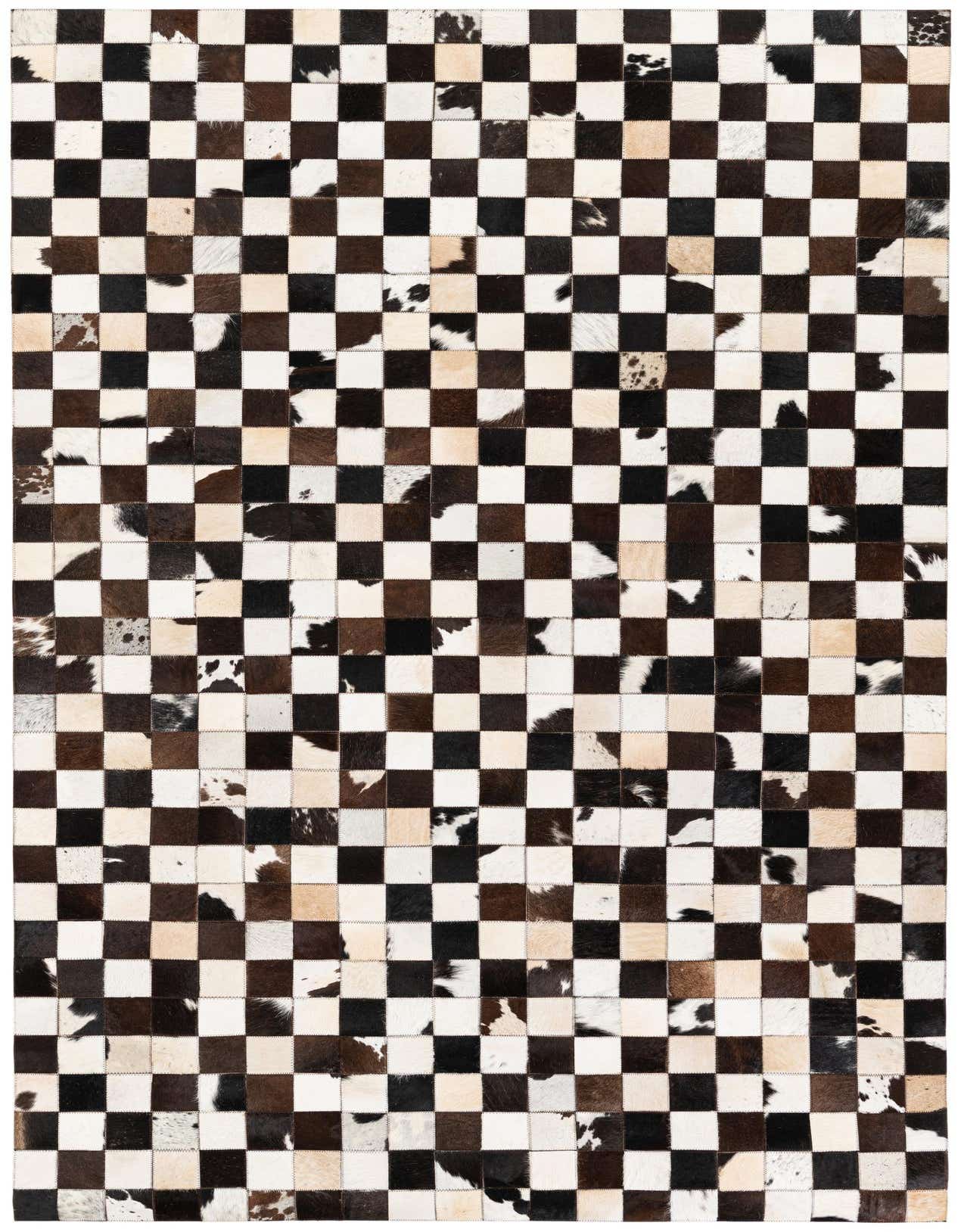 A 5x8 rectangular Cowhide Stocks rug from Rugs.com featuring a modern checkerboard pattern of brown, tan, and white cowhide patches.
