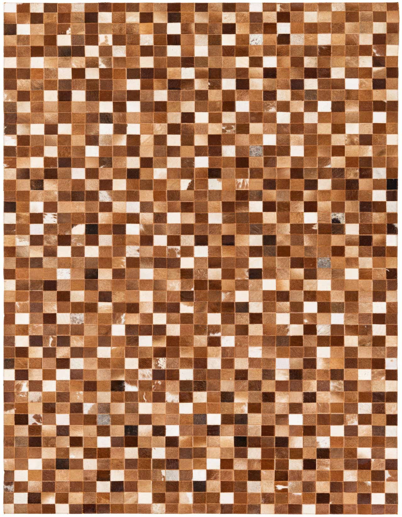 A 5x8 rectangular Cowhide Stocks rug featuring a modern patchwork of varying brown and tan cowhide squares.
