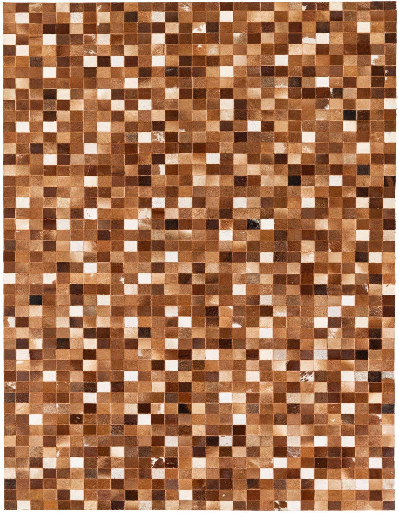 A 5x8 rectangular Cowhide Stocks rug featuring a modern patchwork of brown, tan, and white cowhide squares.