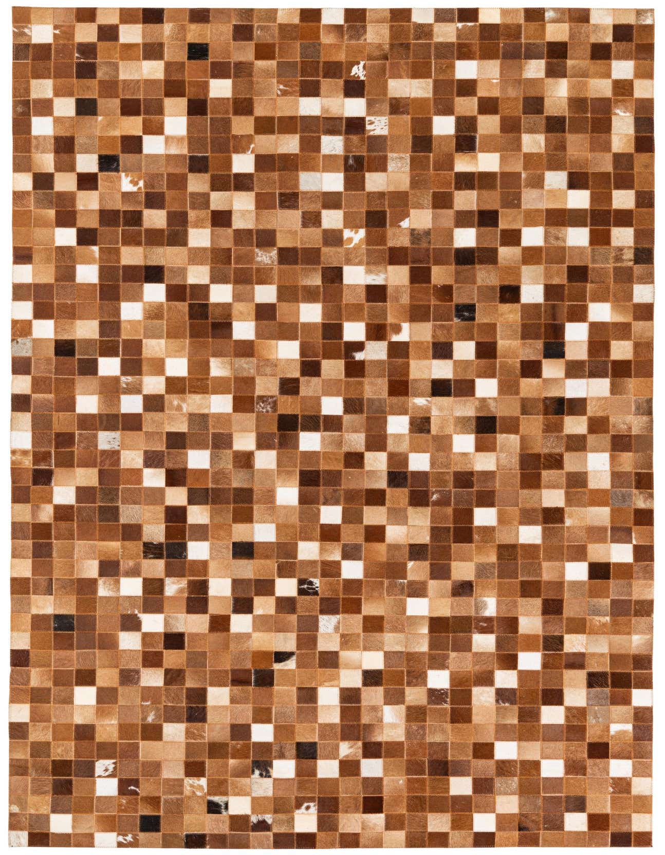 A 5x8 rectangular Cowhide Stocks rug featuring a modern patchwork of varying brown, tan, and white cowhide squares.