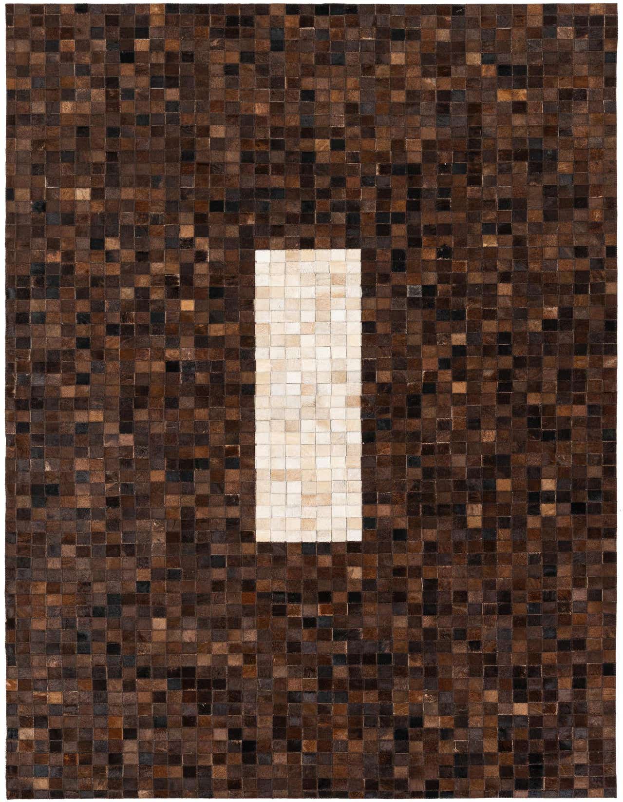 A 5x8 rectangular Cowhide Stocks rug featuring a modern pattern of small brown and tan squares with a central vertical stripe of lighter, off-white squares.