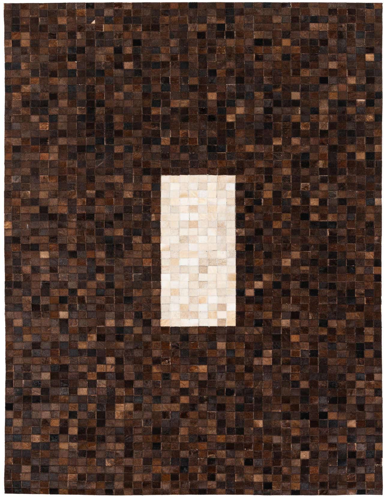 A 5x8 rectangular Cowhide Stocks rug featuring a modern pattern of small brown and tan patchwork squares with a central white rectangular block.