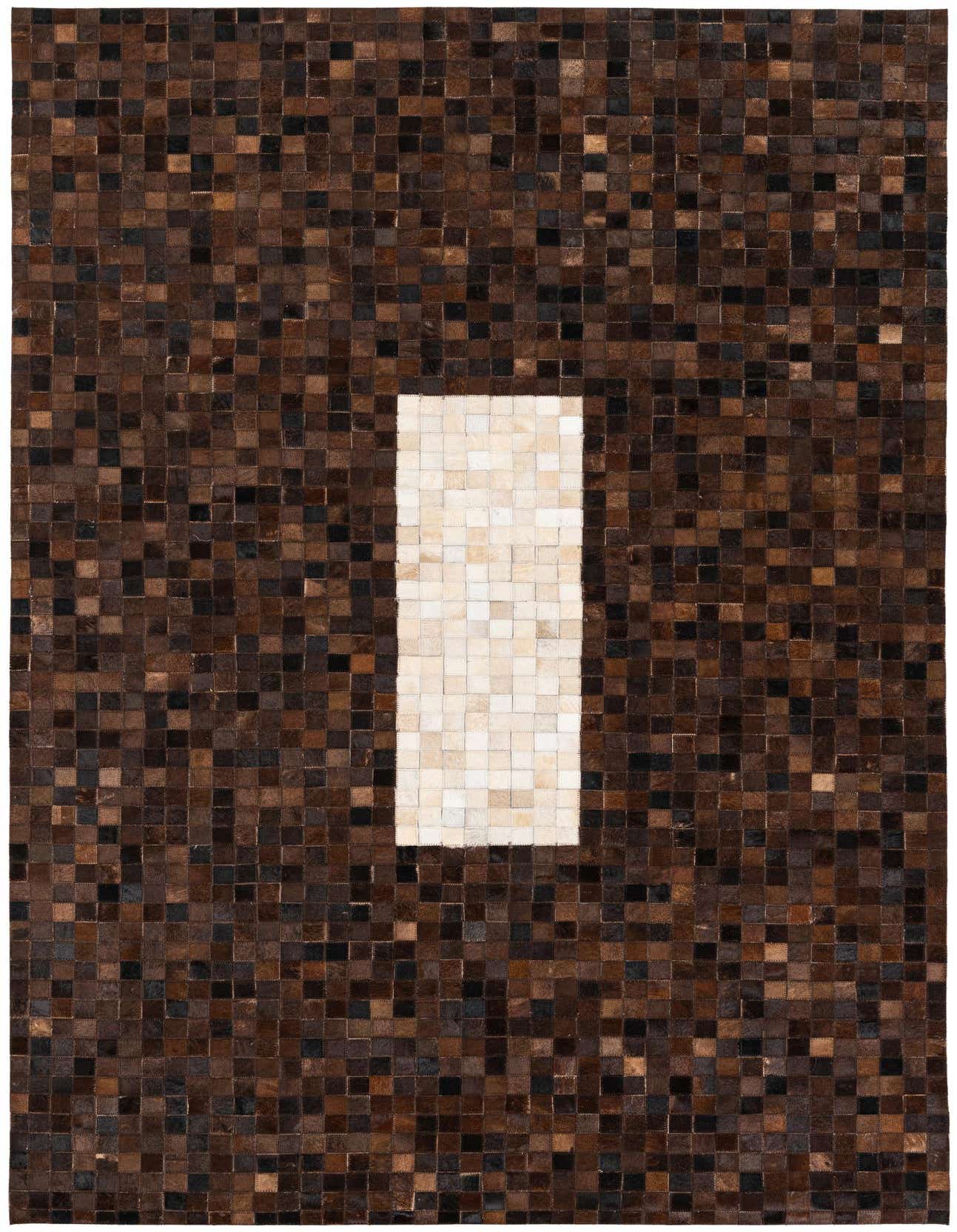 A 5x8 rectangular Cowhide Stocks rug featuring a modern patchwork of brown and tan squares with a central white rectangular block.