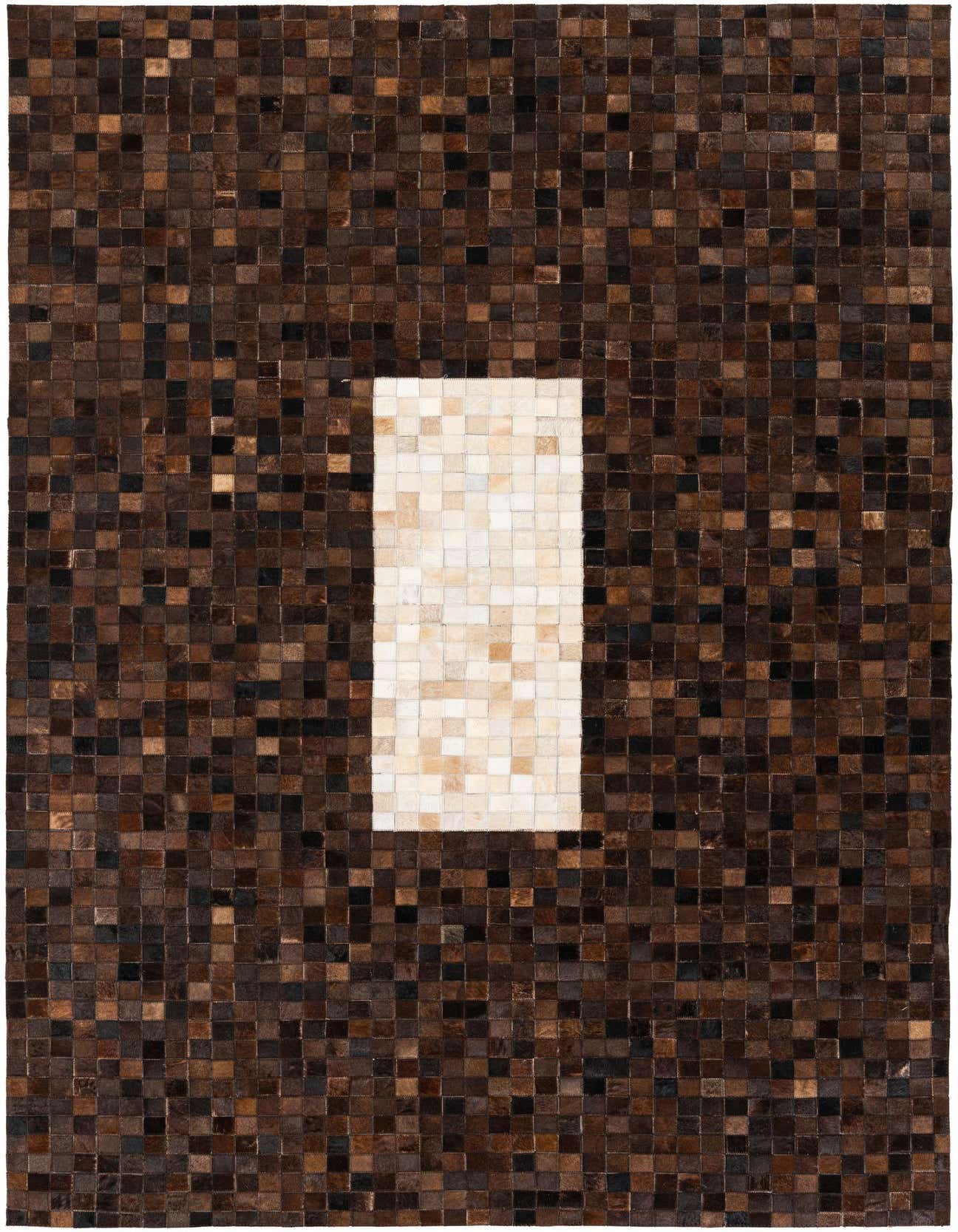 A 5x8 rectangular Cowhide Stocks rug featuring a modern abstract design with a mix of brown and tan squares, and a central rectangular block of lighter tan and cream squares.