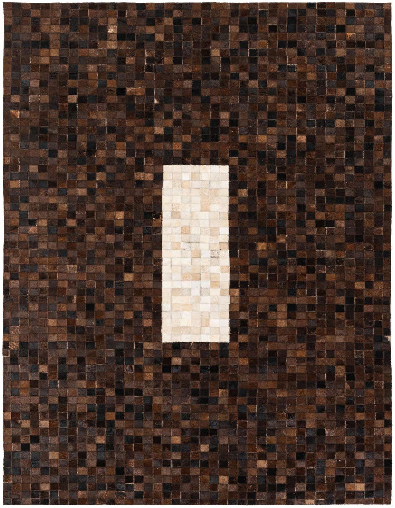 A 5x8 rectangular Cowhide Stocks rug featuring a modern pattern of small brown and tan squares with a central vertical white rectangular block.