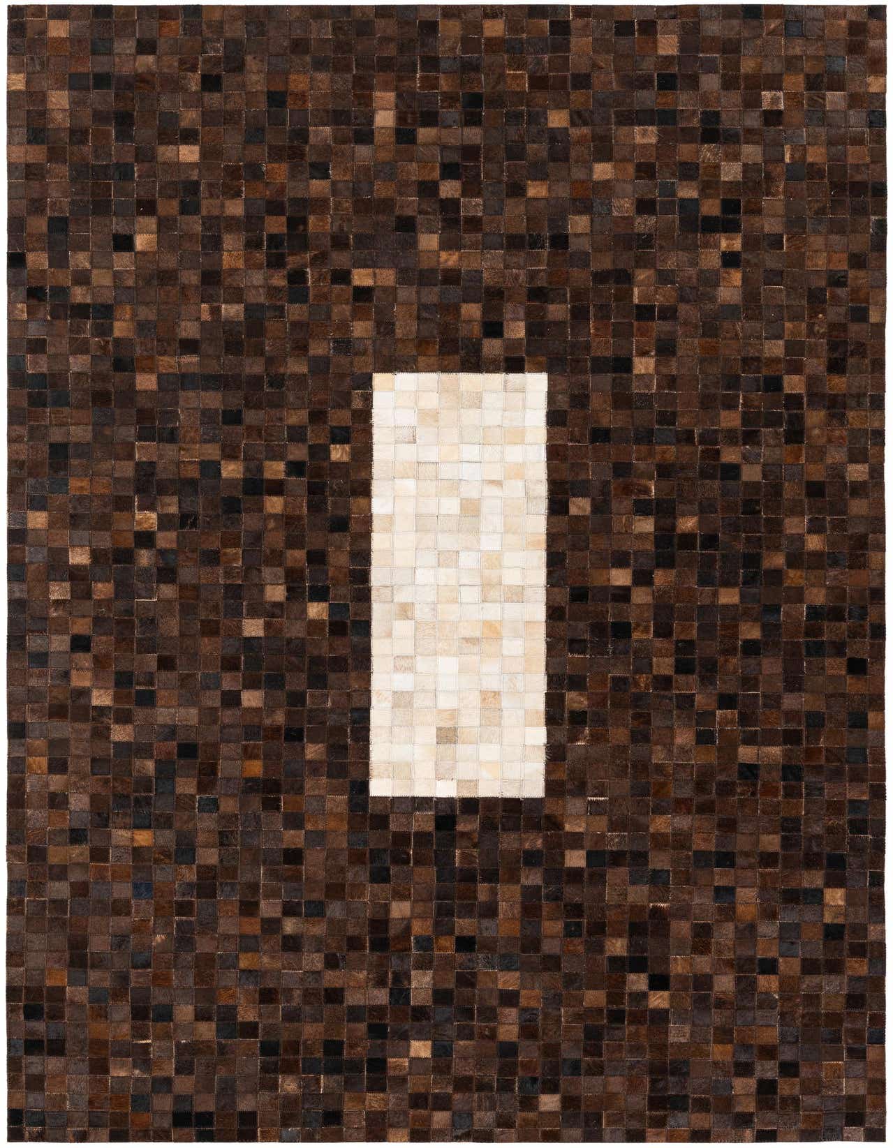A 5x8 rectangular Cowhide Stocks rug featuring a modern design with dark brown and tan patches surrounding a central vertical stripe of lighter tan and cream cowhide squares.