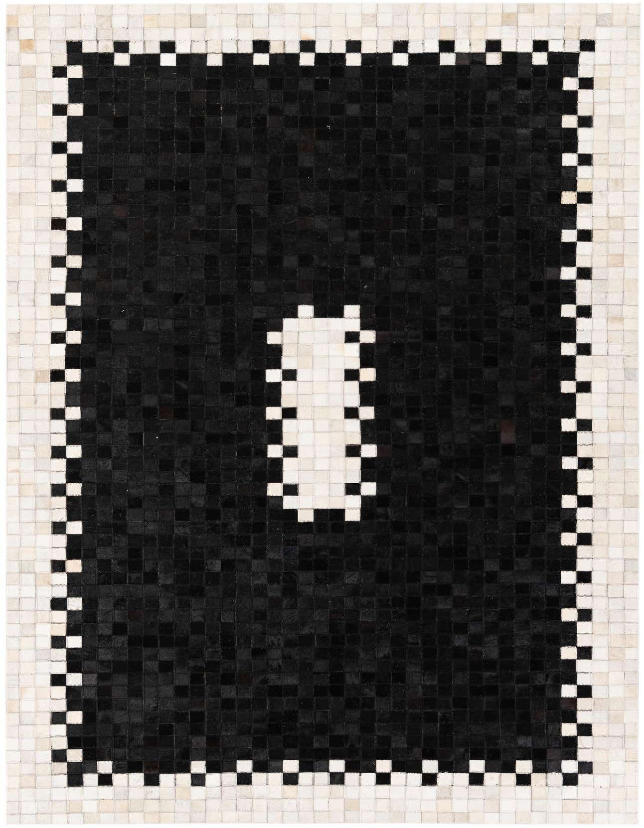 A 5x8 rectangular Cowhide Stocks rug by Rugs.com. It features a modern pattern with a dark brown center and a thick border of light brown and tan cowhide squares, with a central light brown rectangular design.