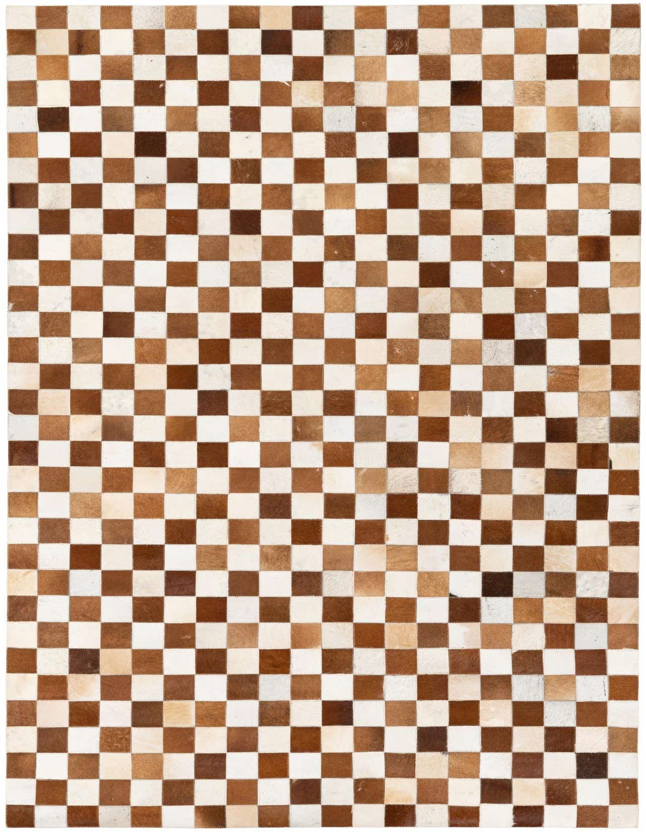 A 5x8 rectangular Cowhide Stocks rug featuring a modern checkerboard pattern in varying shades of brown and tan.