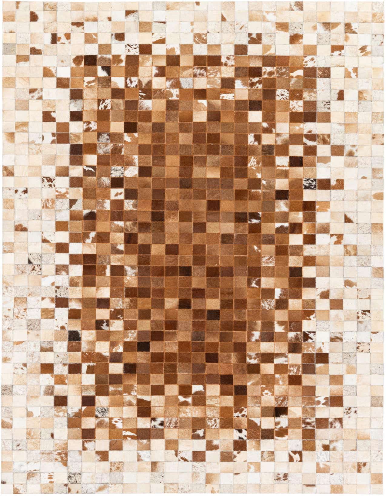A rectangular 5x8 modern cowhide rug featuring a checkerboard pattern of varying brown and tan squares.