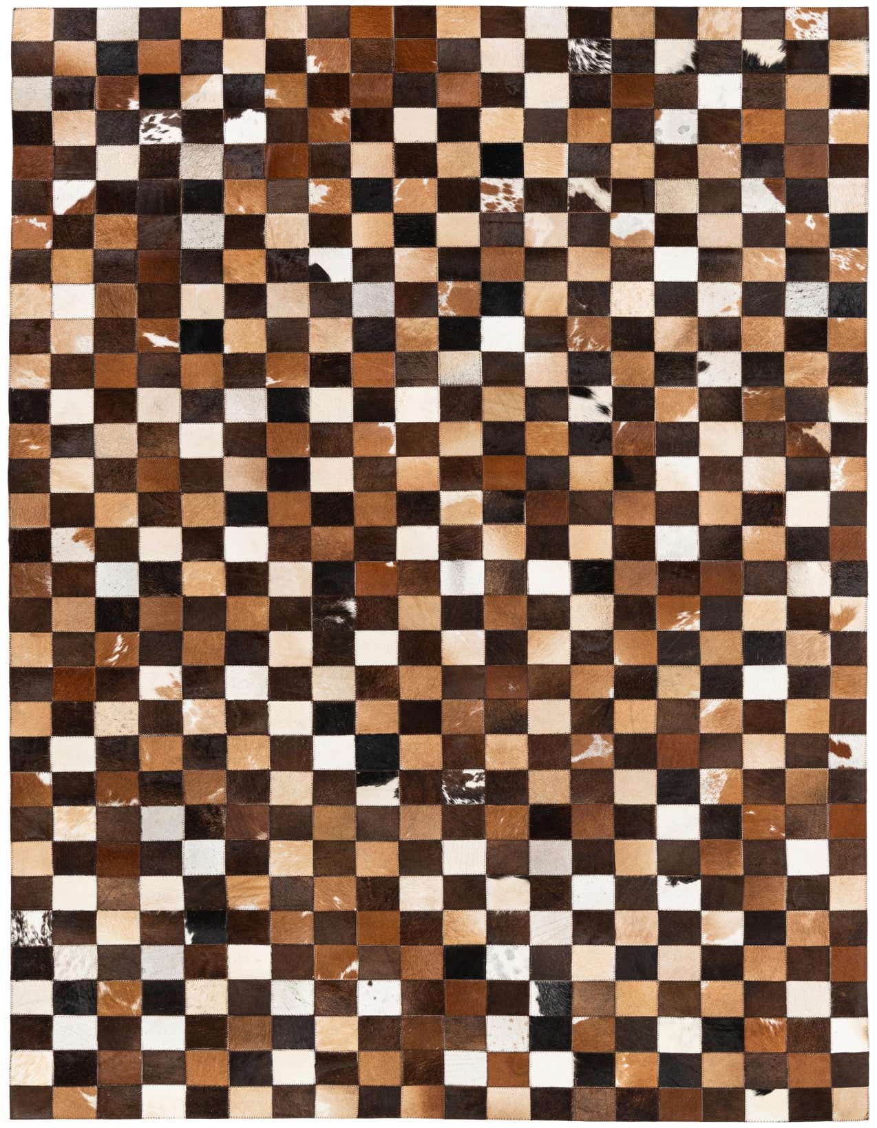 A rectangular 5x8 modern cowhide rug featuring a checkerboard pattern of brown, tan, and white patches.
