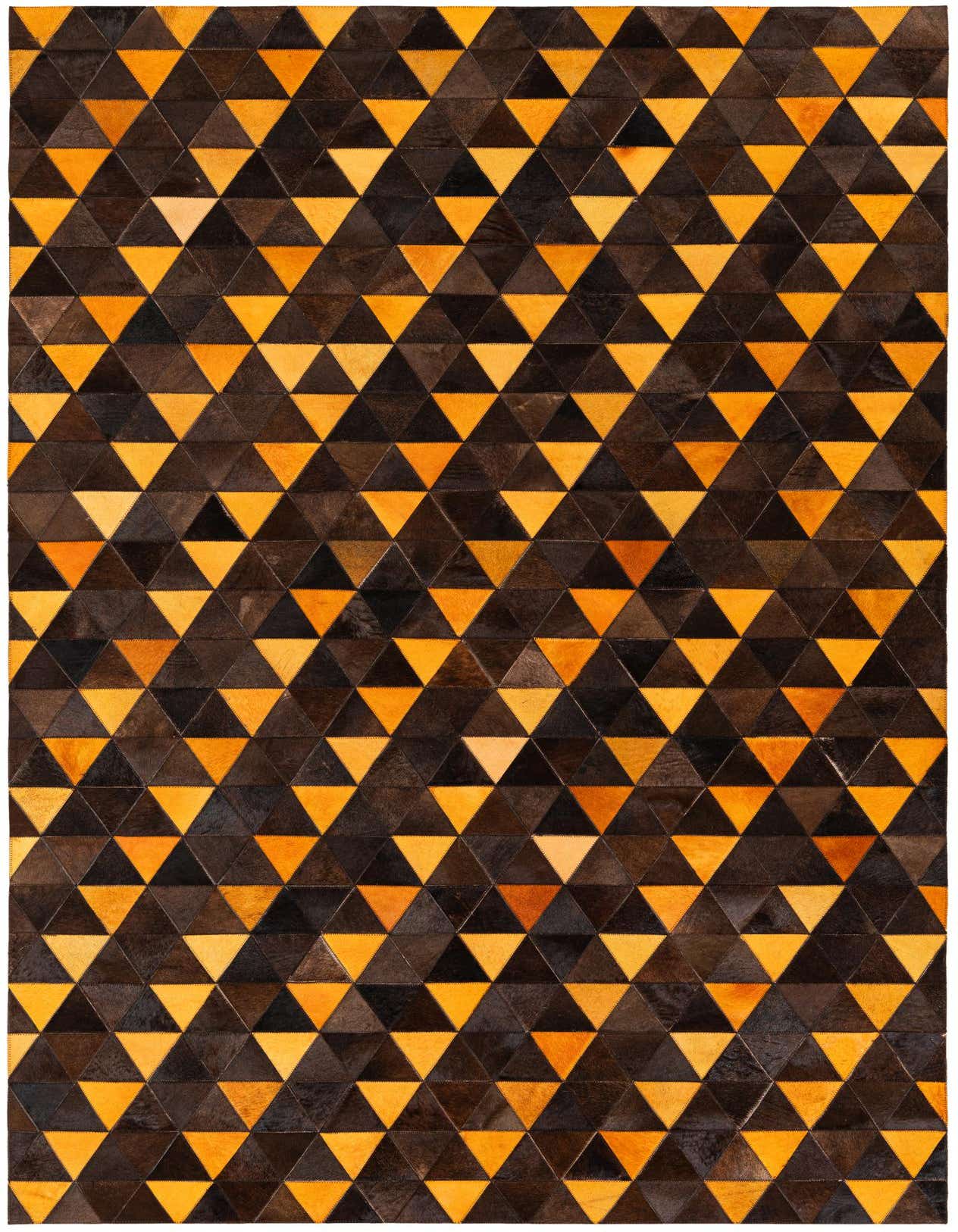 A 5x8 rectangular Cowhide Stocks rug featuring a modern geometric pattern of alternating brown and tan triangles.