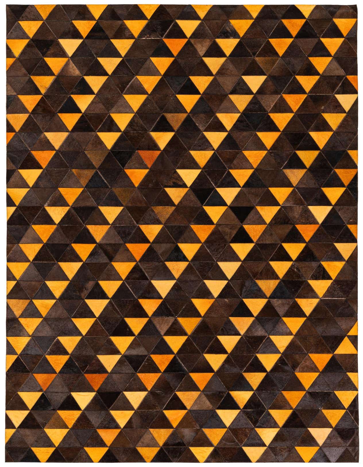 A 5x8 rectangular Cowhide Stocks rug featuring a modern geometric pattern of alternating brown and tan triangles.