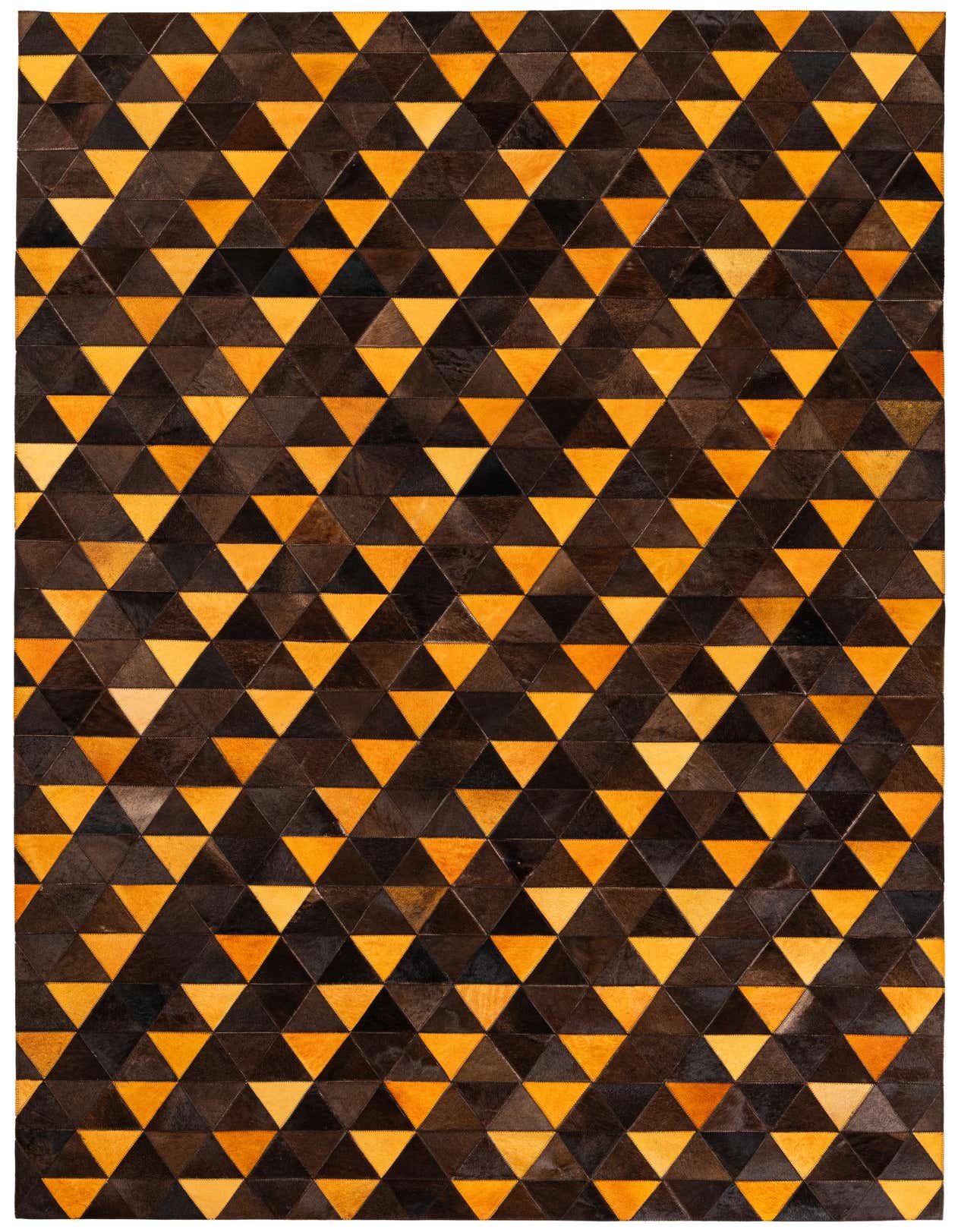 A rectangular 5x8 modern Cowhide Stocks rug by Rugs.com with a geometric pattern of alternating brown and tan triangles.