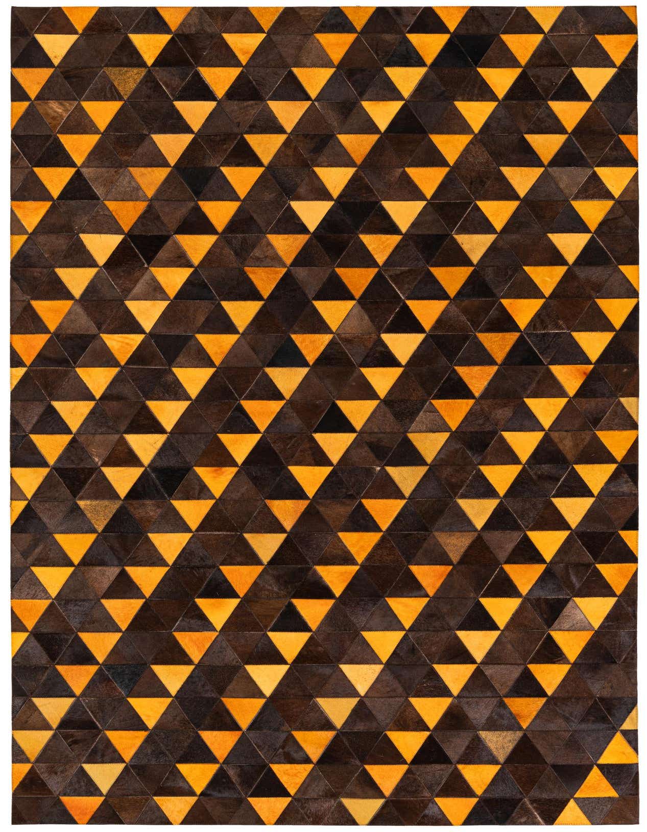 A 5x8 rectangular Cowhide Stocks rug featuring a modern geometric pattern of alternating brown and tan triangles.