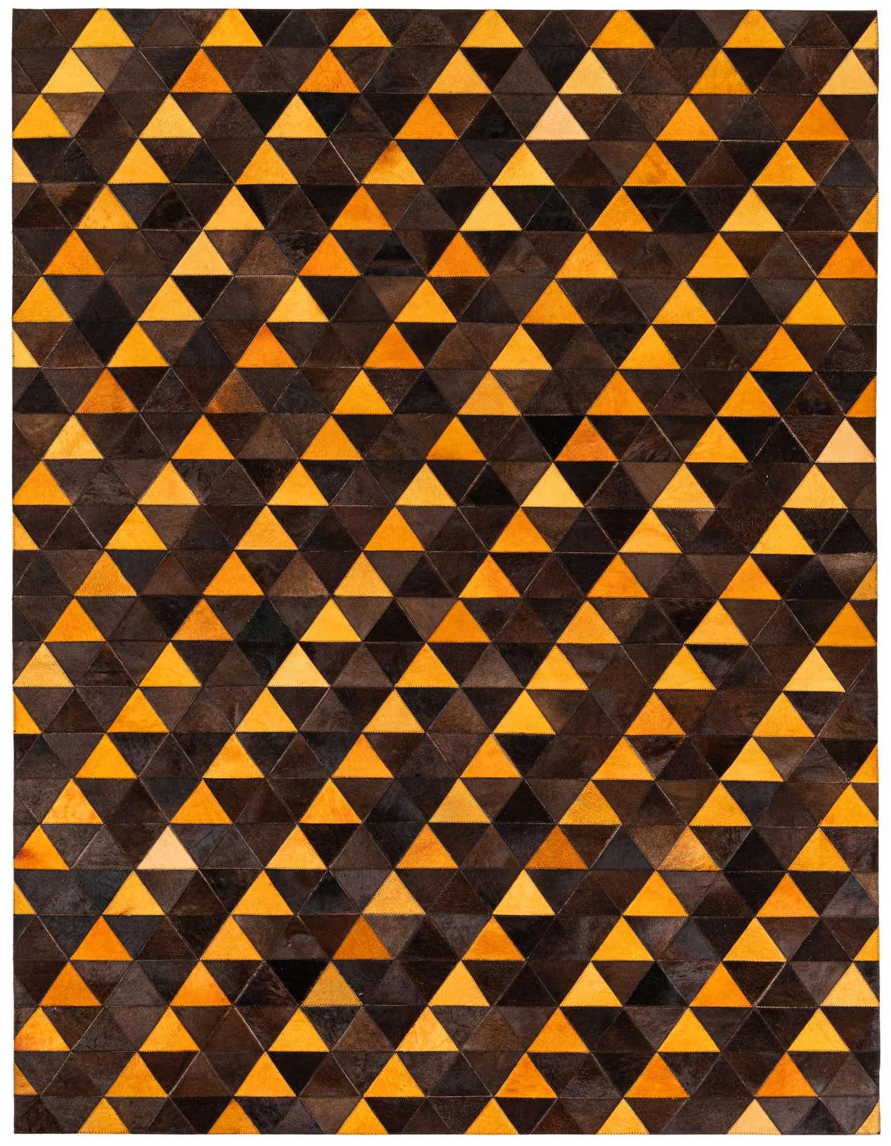 A 5x8 rectangular Cowhide Stocks rug by Rugs.com featuring a modern geometric pattern of alternating brown and tan triangular patches.