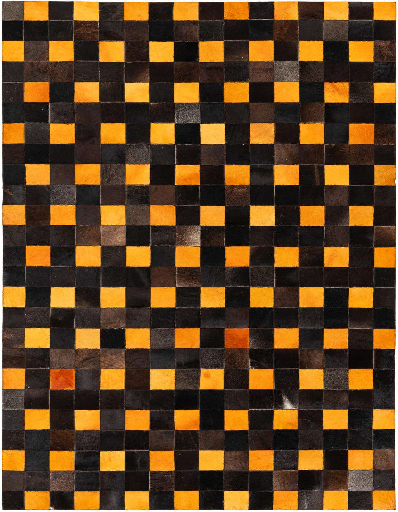 A 5x8 rectangular Cowhide Stocks rug featuring a modern checkerboard pattern of alternating brown and tan squares.