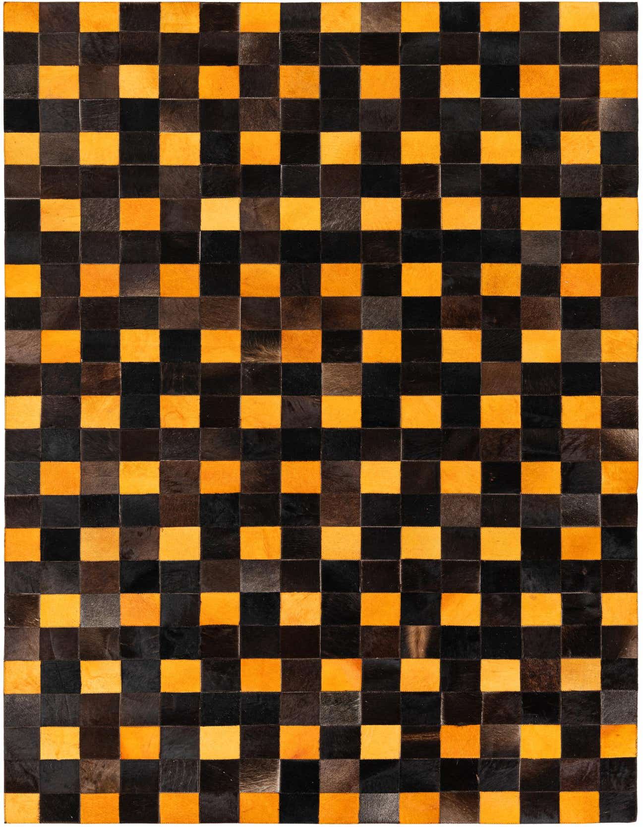 A 5x8 rectangular Cowhide Stocks rug featuring a modern checkerboard pattern of alternating brown and tan squares.