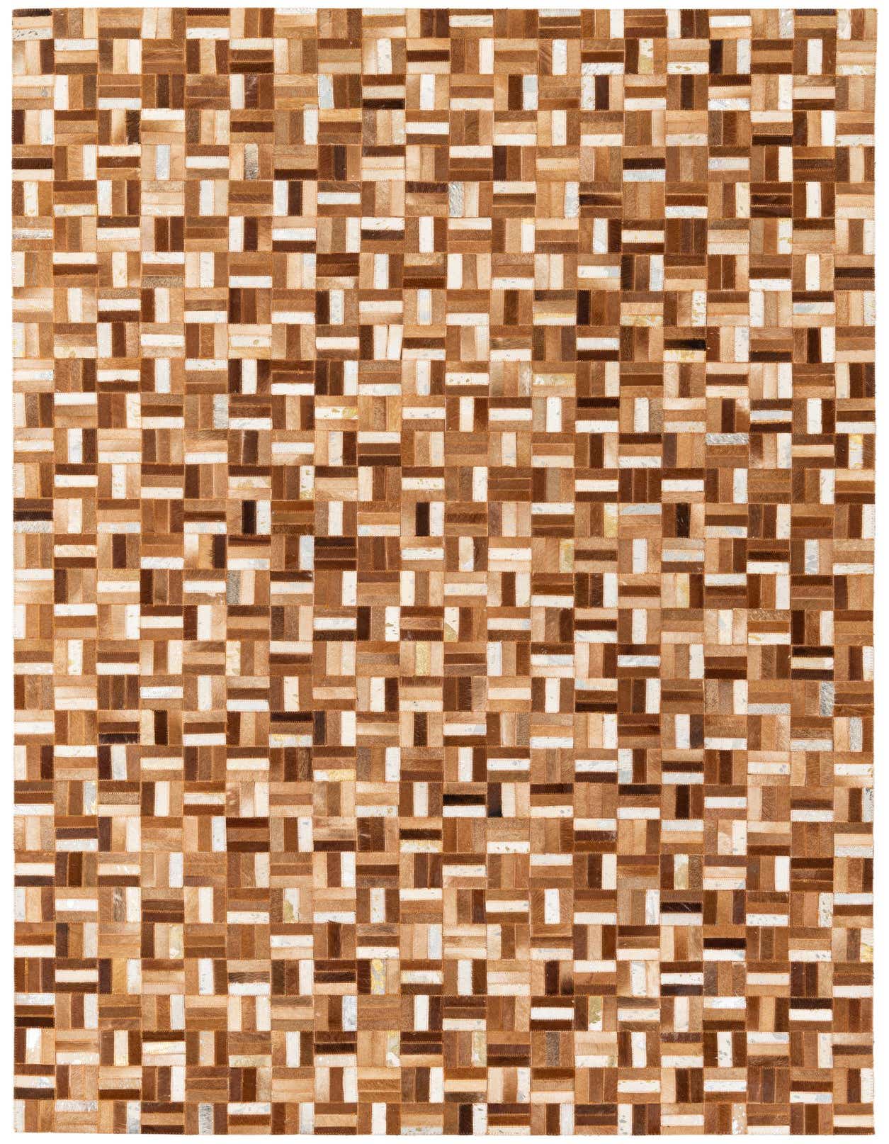 A 5x8 rectangular Cowhide Stocks rug featuring a modern patchwork pattern of brown, tan, and white cowhide and leather squares.