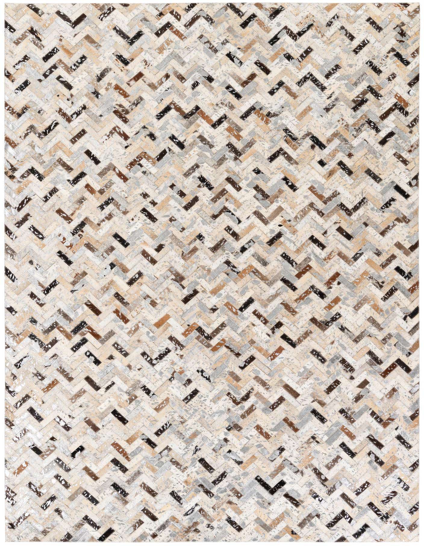 A rectangular 5x8 Cowhide Stocks rug featuring a modern herringbone pattern in various shades of brown, tan, and cream.