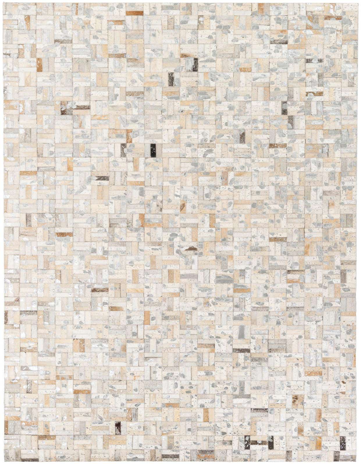 A rectangular 5x8 modern cowhide rug featuring a patchwork of light brown, tan, and cream-colored leather squares.