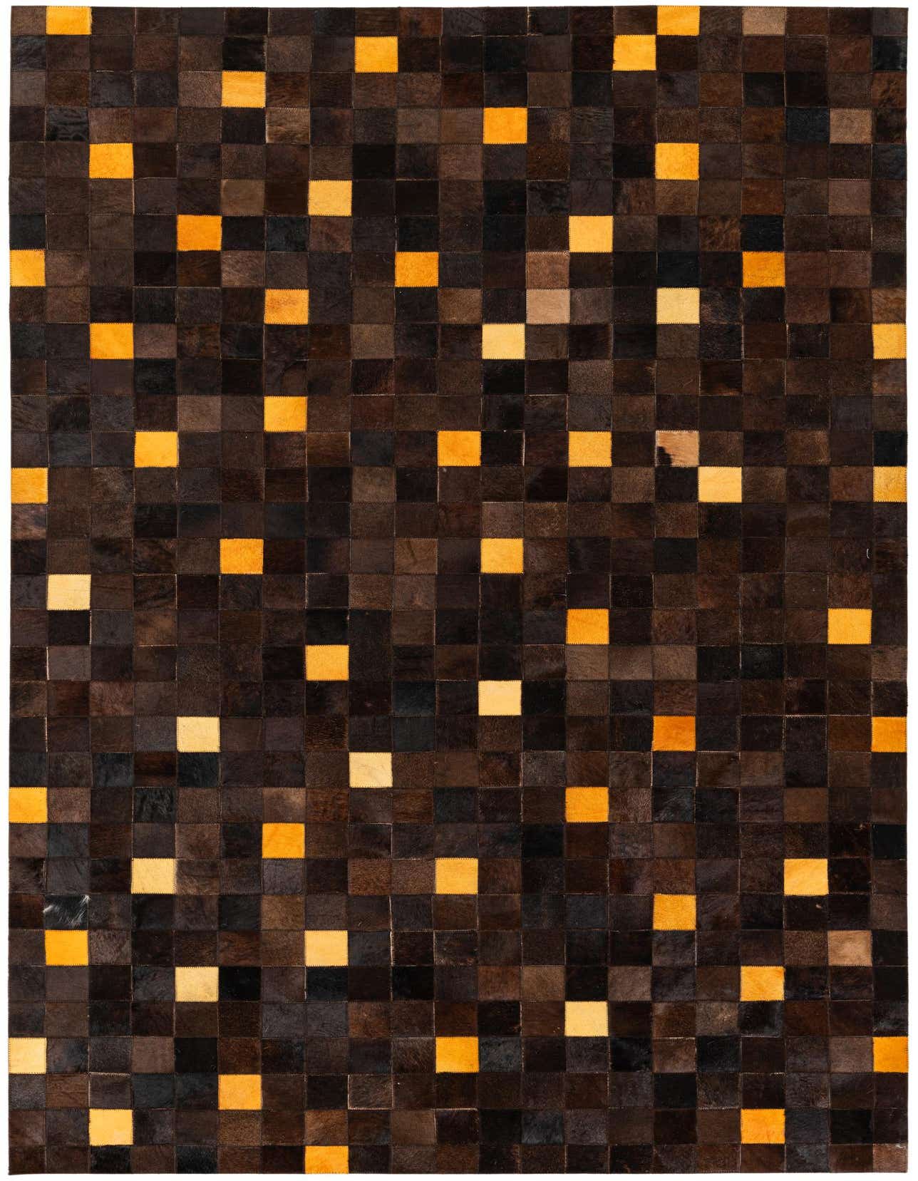 A 5x8 rectangular Cowhide Stocks rug featuring a modern patchwork of dark brown, black, and tan cowhide squares.