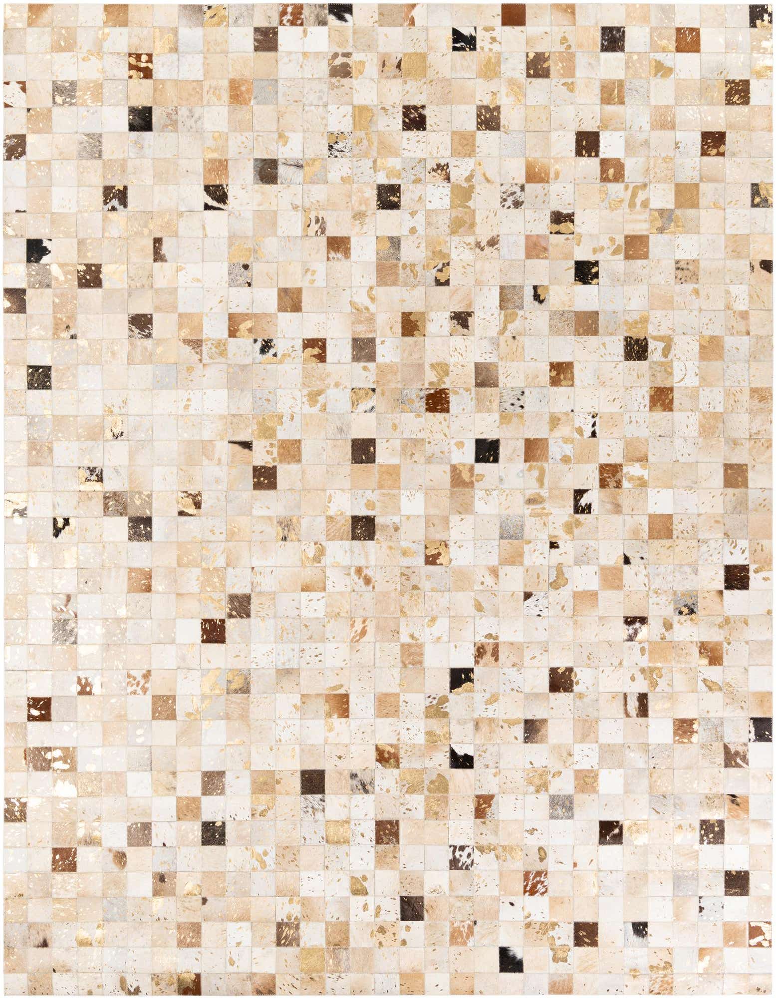 A rectangular 8x10 cowhide rug featuring a patchwork of brown, tan, and cream squares with metallic gold accents.