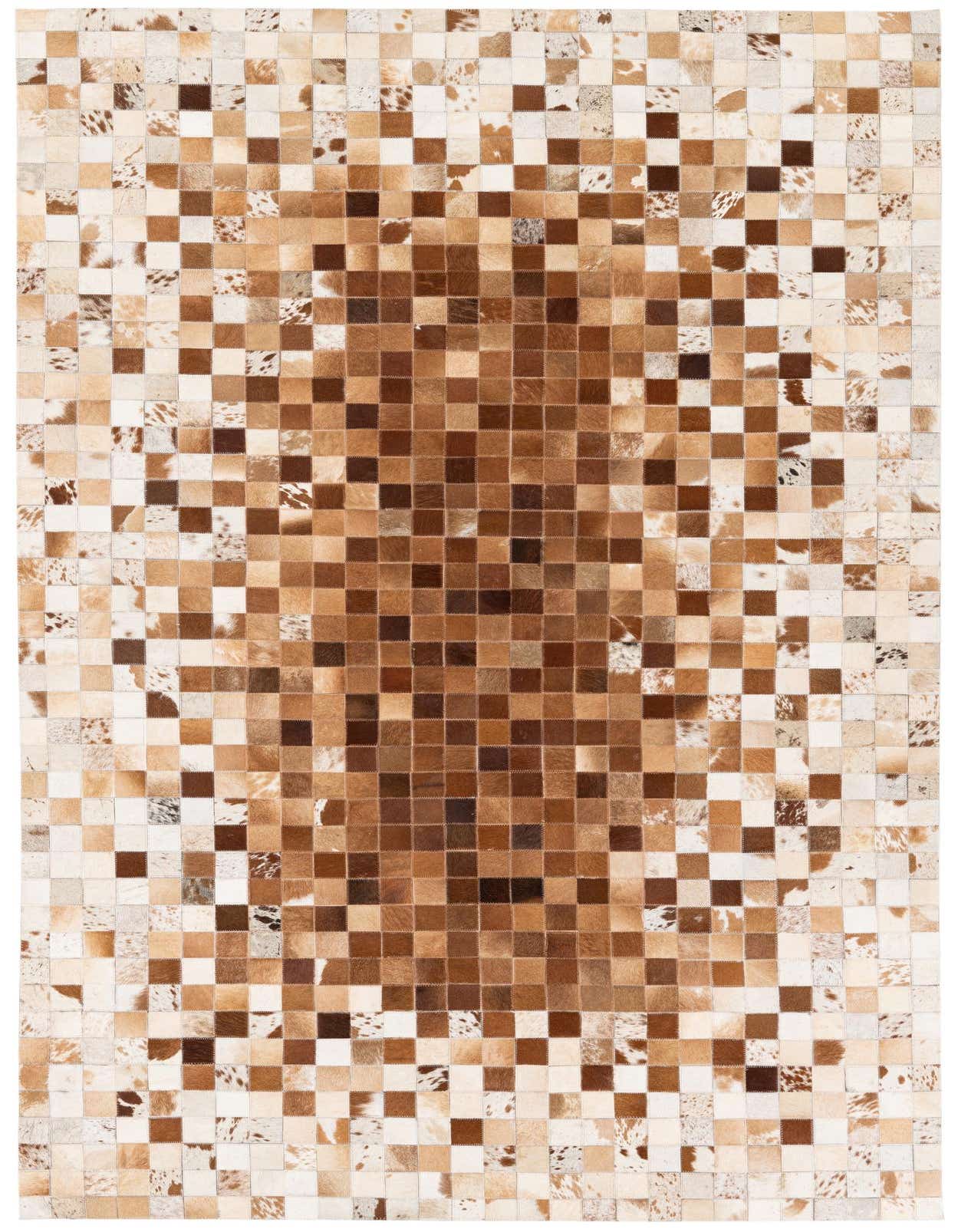 A 5x8 rectangular Cowhide Stocks rug by Rugs.com, featuring a modern checkered pattern in varying shades of brown and tan cowhide patches.