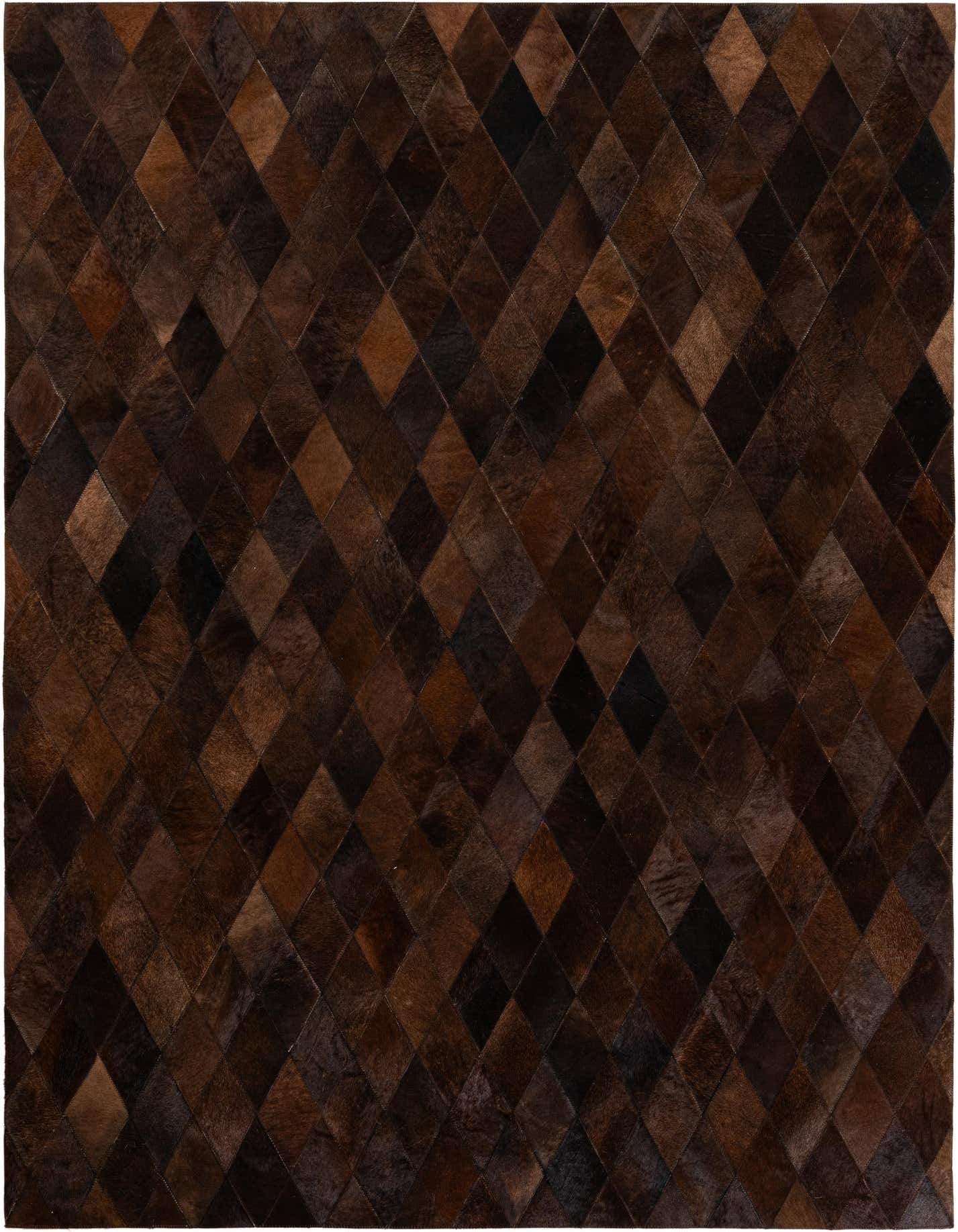A 5x7 rectangular modern cowhide rug featuring a diamond patchwork pattern in various shades of brown and tan.