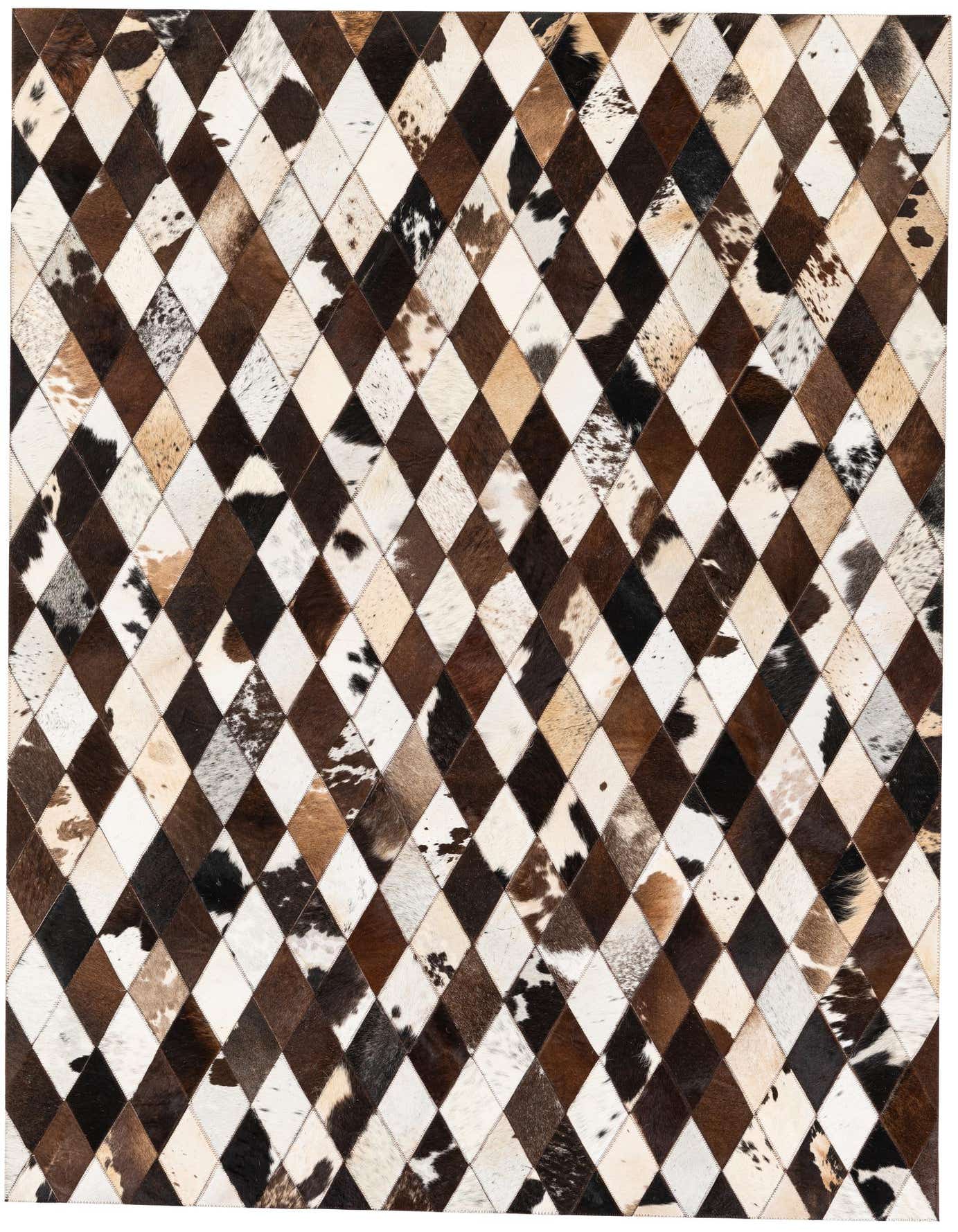 A 5x7 rectangular Cowhide Stocks rug featuring a modern diamond pattern in various shades of brown, tan, and white cowhide patches, suitable for an indoor living space.