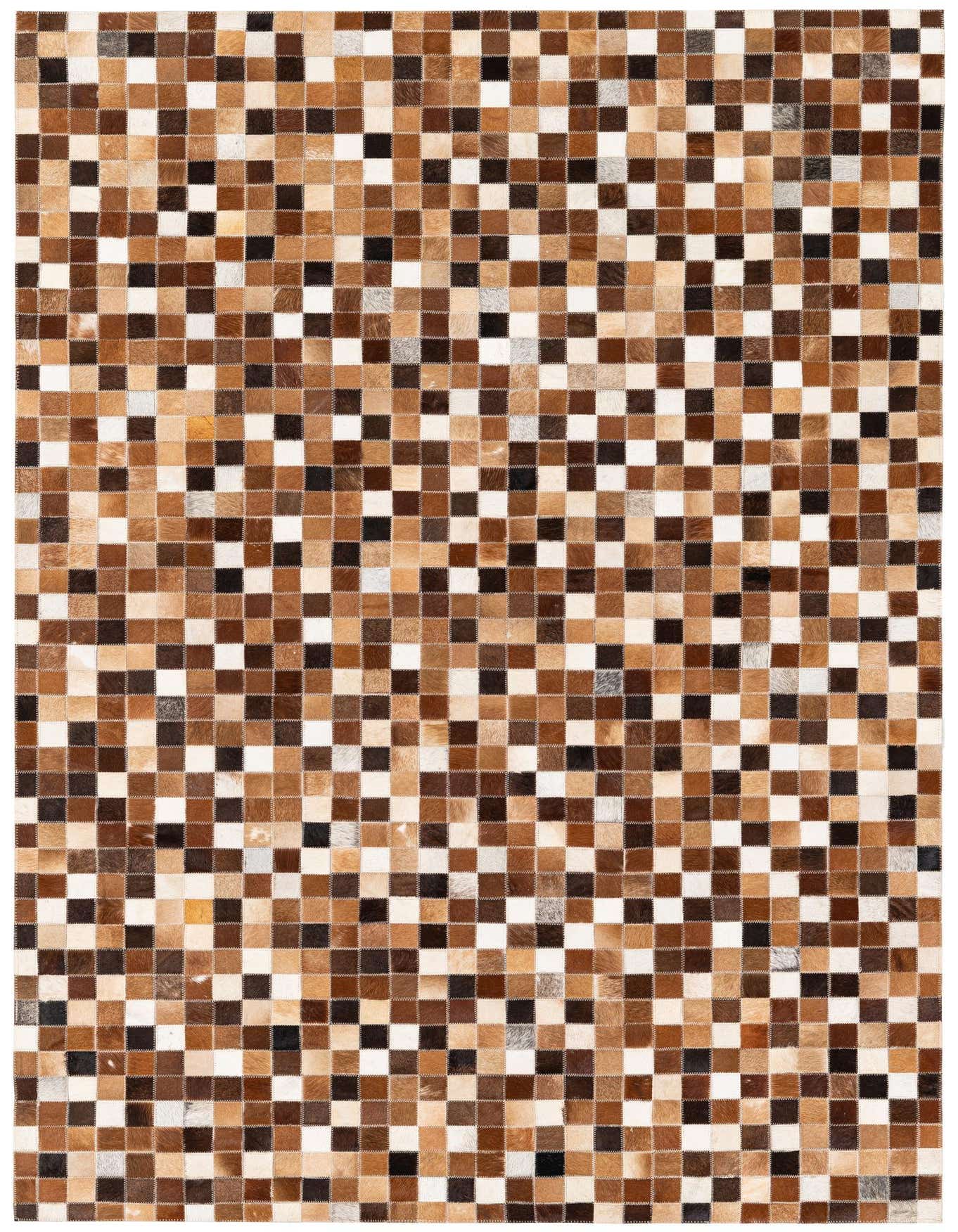 A 4x6 rectangular Cowhide Stocks rug featuring a modern patchwork of brown, tan, and white cowhide squares.