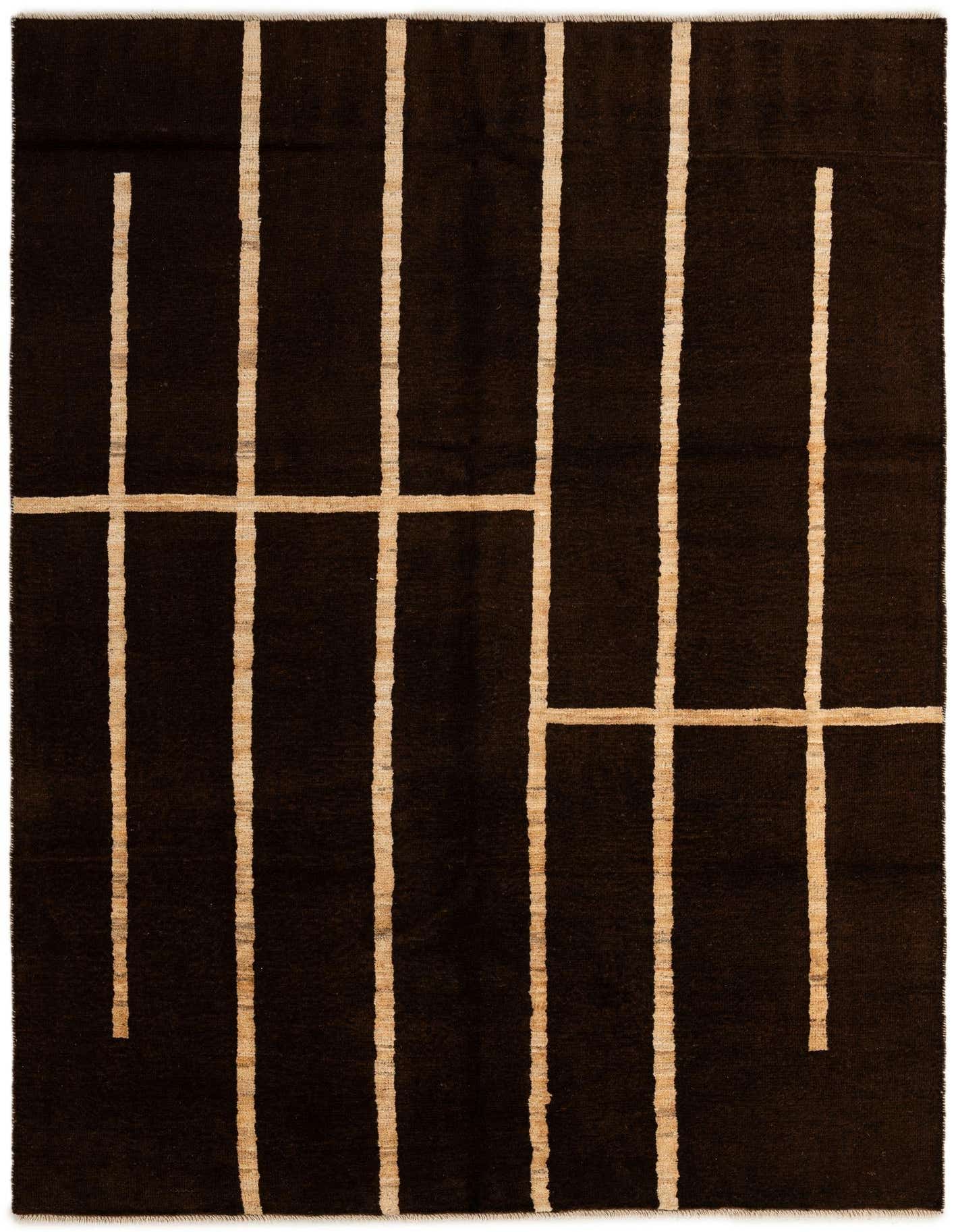 A 5x8 rectangular Darya rug with a modern Oriental pattern featuring thick tan lines on a dark brown background.
